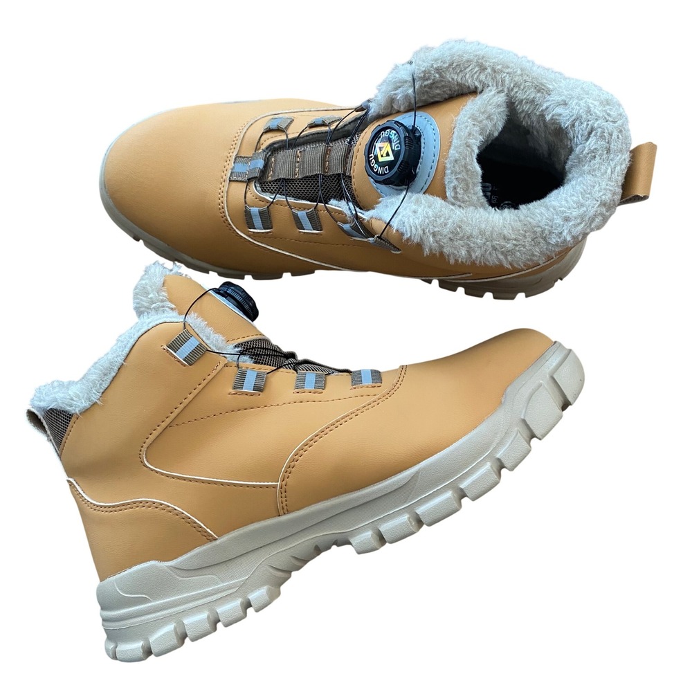 Winter Work Boots Faux Fur Lined Safety Shoes Dinggu Tan Dial Lacing M9 W10.5
